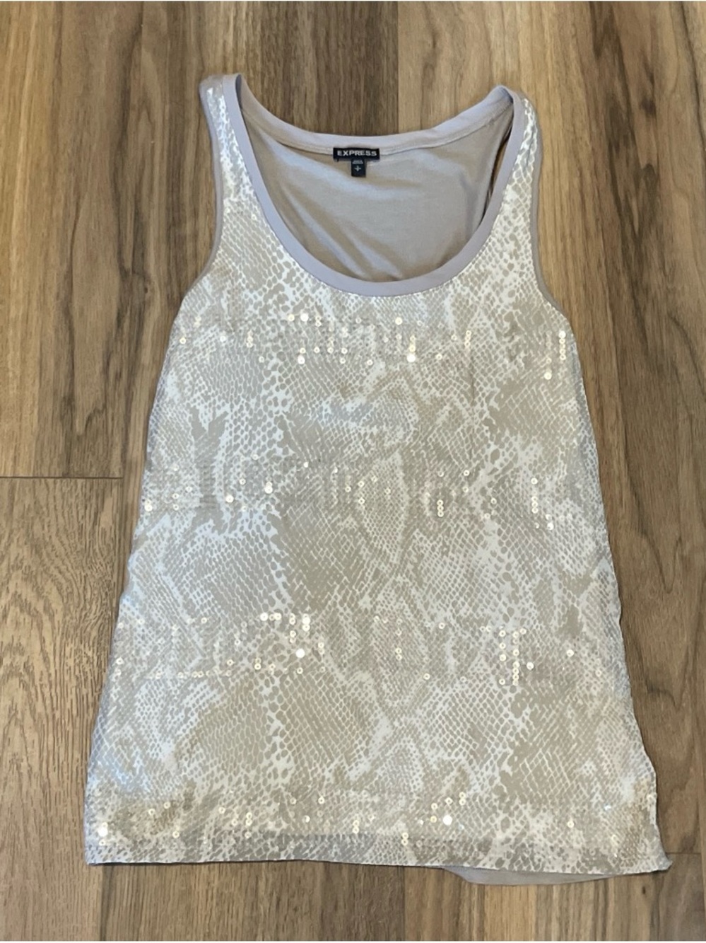 Express Taupe Sequined Snake-Print Tank Top